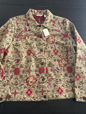 NEW Vintage Womens Laura Ashley Tapestry Floral Paisley Tan Red Jacket Large